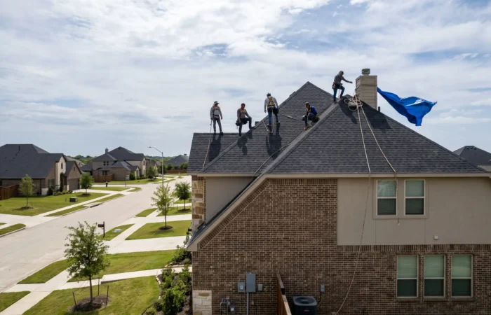 Wolfforth roofing crew replacing architectural shingles on a two story home in a newer Frenship area subdivision