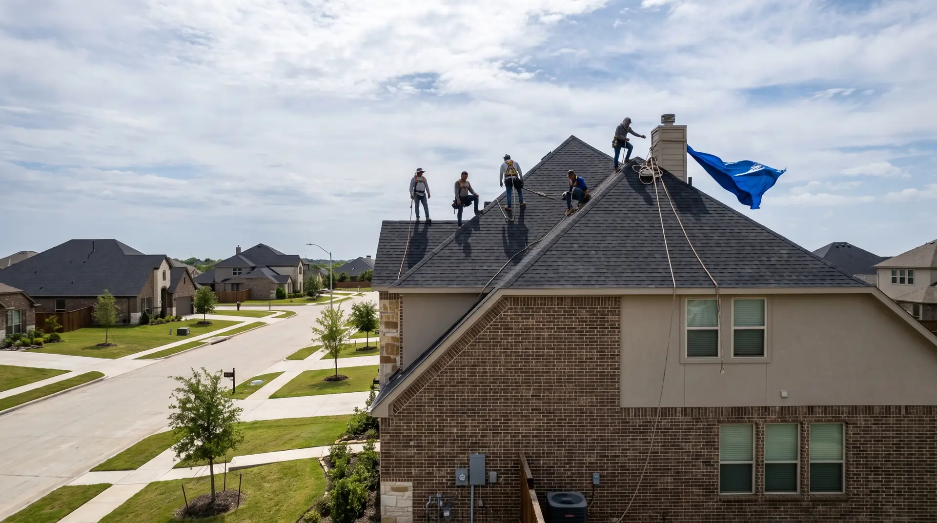 Wolfforth roofing crew replacing architectural shingles on a two story home in a newer Frenship area subdivision
